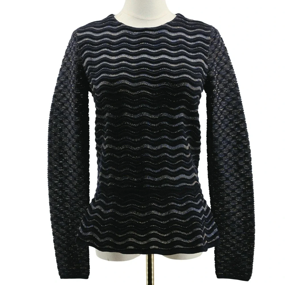 Tory‎ Burch Sweater Womens S Navy Metallic Wave Knit Crewneck Pullover Fitted